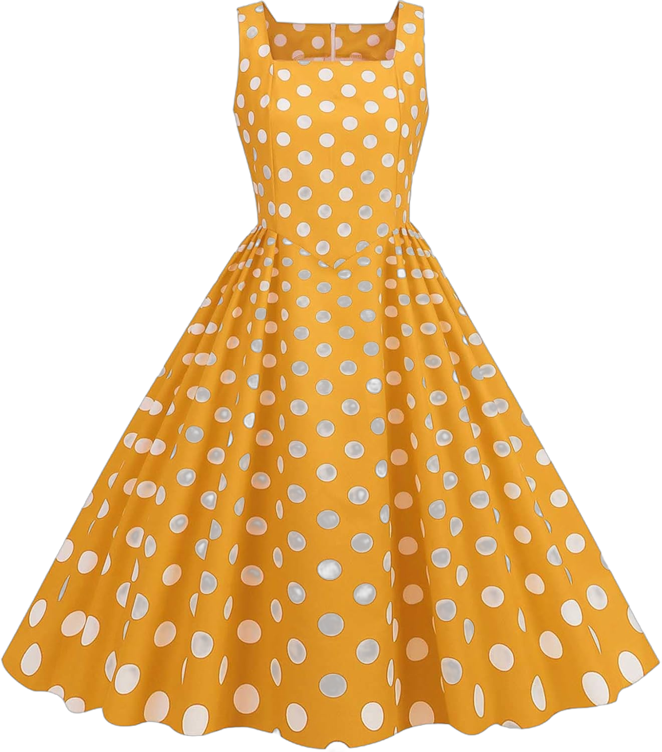 Women's Square Neck Tank Dress Sleeveless Flowy Cocktail Dress Polka Dot Print Vintage Swing Dress 1950s Dresses Medium Yellow