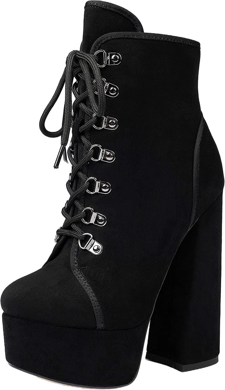 Eldof Women's Platform Ankle Bootie Chunky Block Heel Boots Lace Up with Zipper Comfortable Boots 13 Black Suede