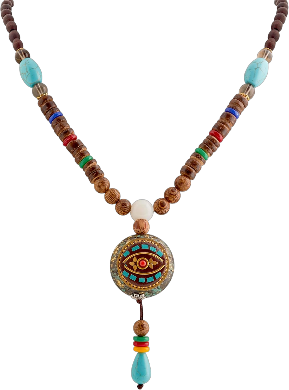 MINACHI Boho Wooden Beads Long Necklace with Evil Eye Pendant, Unique Jewelry Gift for Women