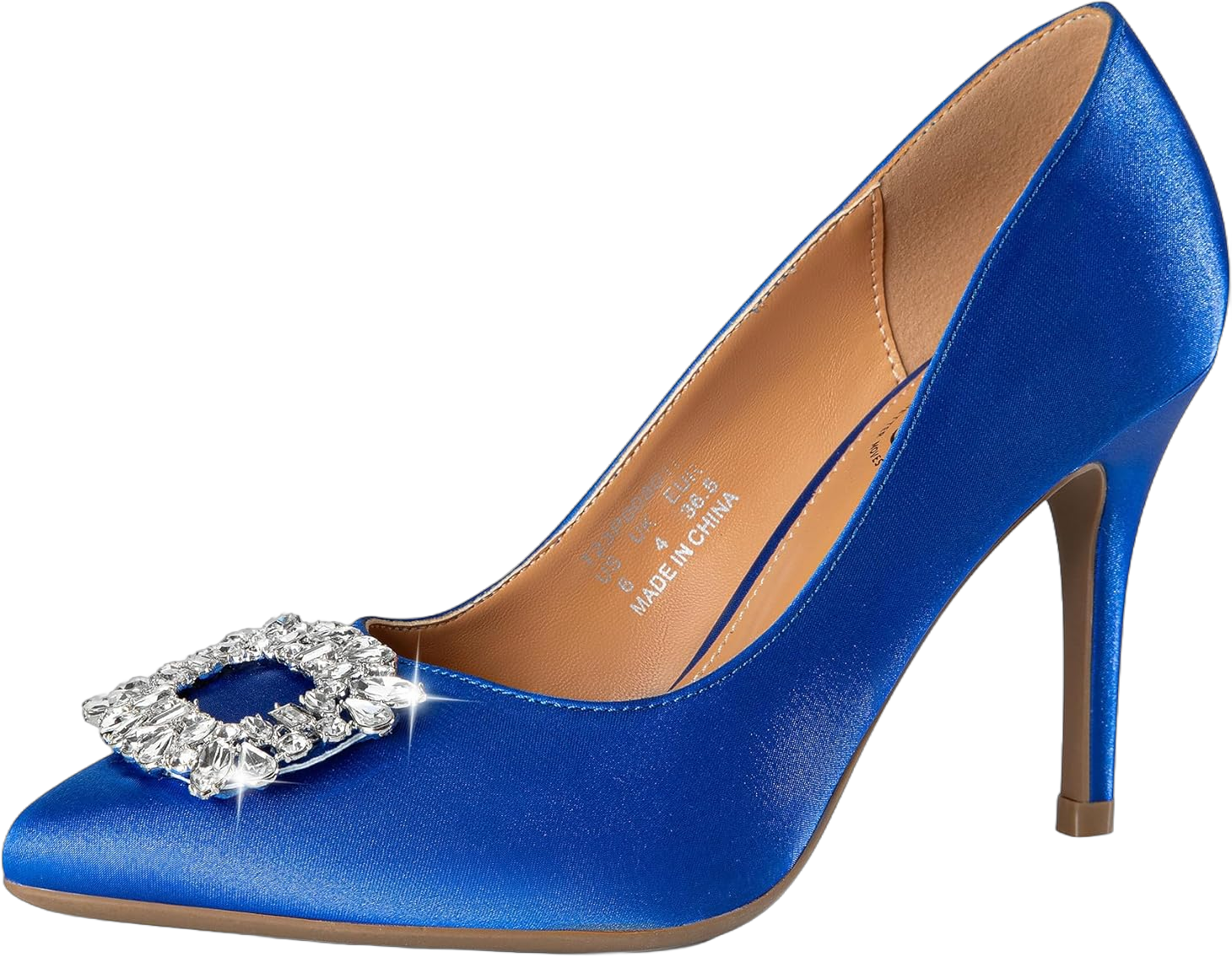 Trary Women's Stiletto High Heels Pumps Wedding Closed Toe Heels Sparkly Rhinestone Sexy Elegant Women's Pumps Party Bridal Dress Shoes for Women with Jewel Buckle 8 Satin Blue