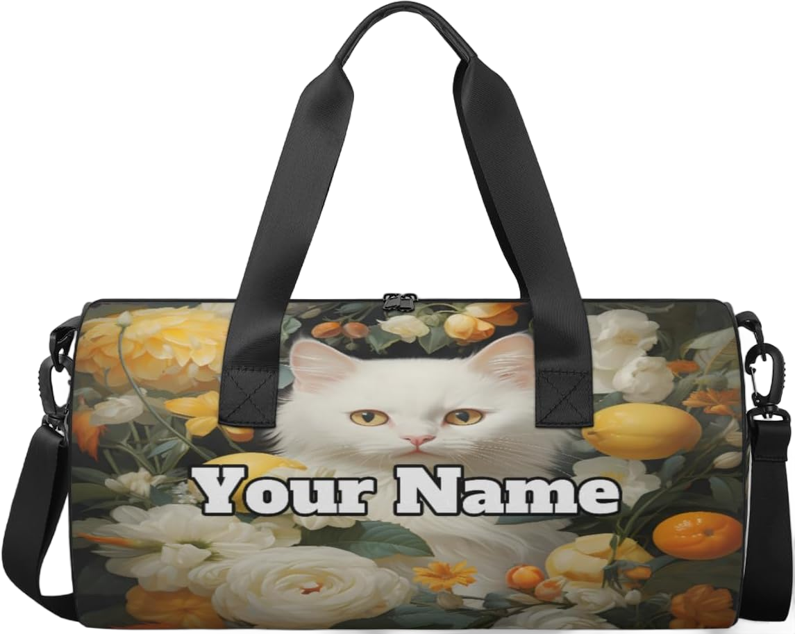 Personalized Name Gym Bag for Women, Customized Cat Cylinder Sports Bags for Men, Waterproof Weekender Bag, Duffle Bags for Travel Swim Dance, Animal Cat Flower Color1