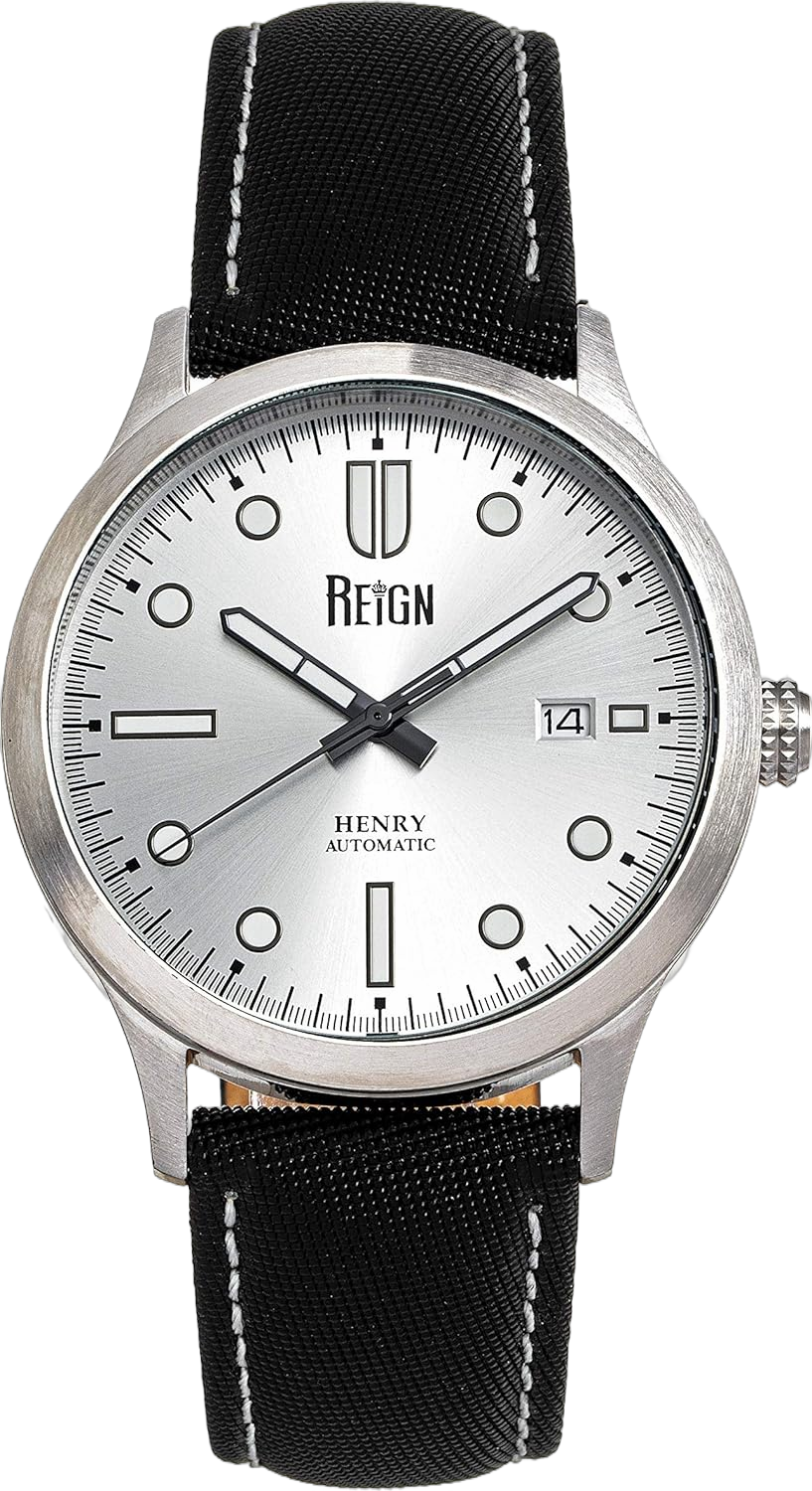 Reign Henry Automatic Canvas-Overlaid Leather-Band Watch w/Date, Silver - Men's, REIRN6201