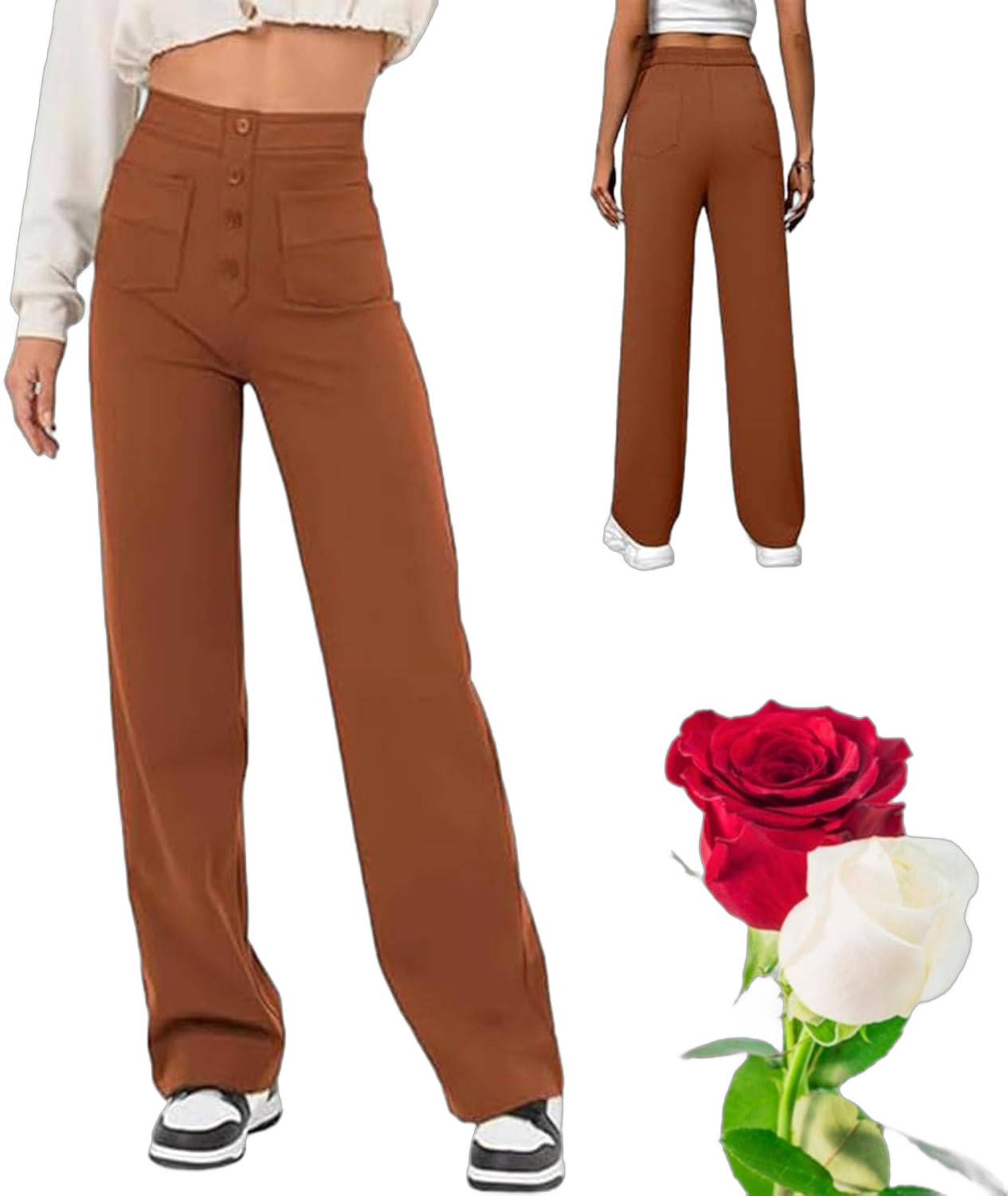 Flexipants - Women's Casual High Waist Stretch Pants, Bloomy Dove Straight with Pockets Flexi Pants for Women Large Brown