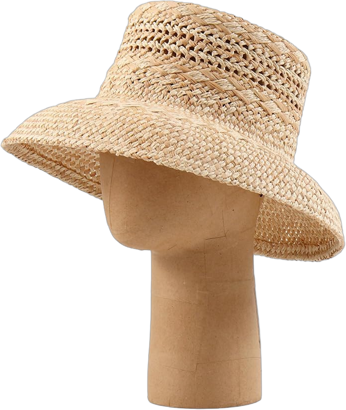 Wide Brim Bucket Sun Hat, Women Woven Raffia Palma Hat UPF 50+ Sun Protection Summer Vacation Seaside Outdoors Hat 7-7 1/8 Beige