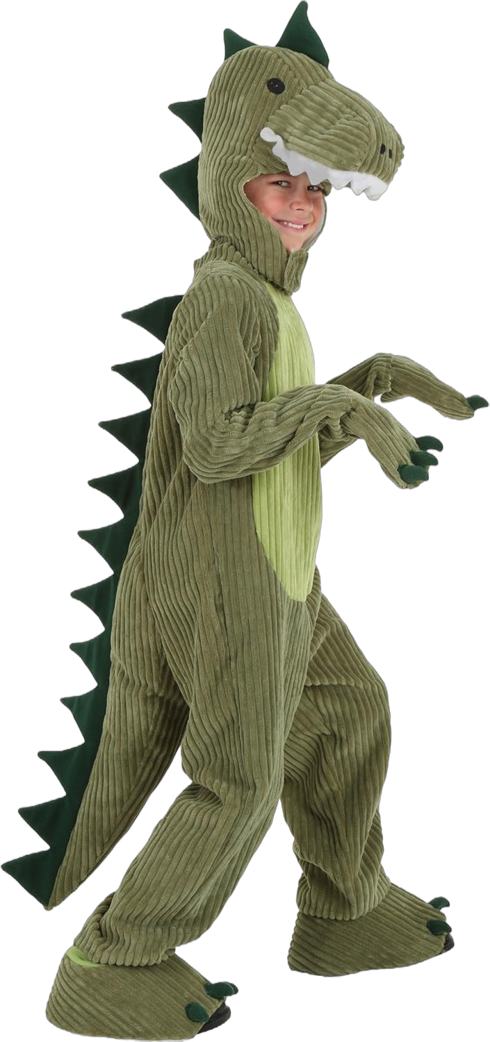 Kids T-Rex Costume | Corduroy Dinosaur Ensemble With Plush Dinosaur Tail, Spikes, Mitts, and Shoe Covers Medium Costume