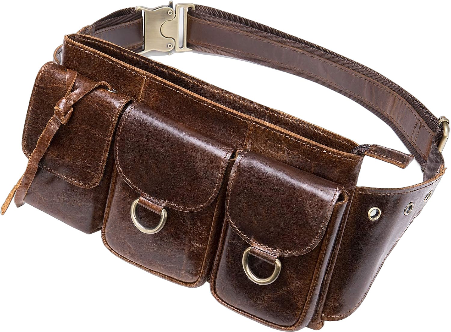 Mens Genuine Leather Fanny Pack Vintage Waist Bag with Metal Buckle & Leather Belt