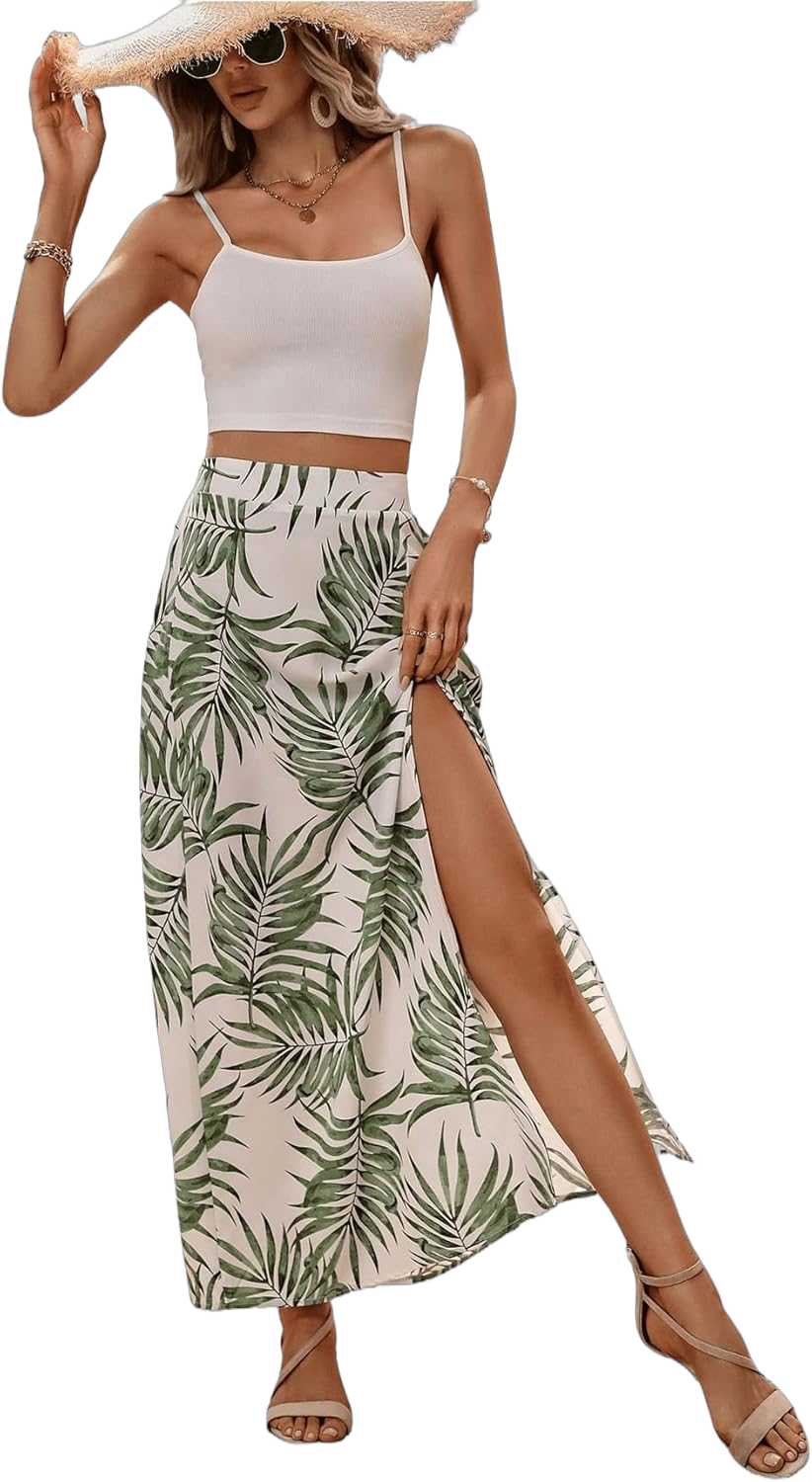 Verdusa Women's 2 Piece Boho Outfits Cami Top and Tropical Print Split Maxi Skirt Set White Small