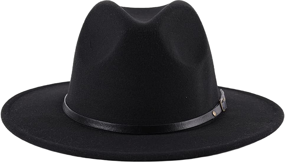 Classic Fashion Black Wide Brim Felt Fedora Panama Hat with Belt Buckle for Unisex