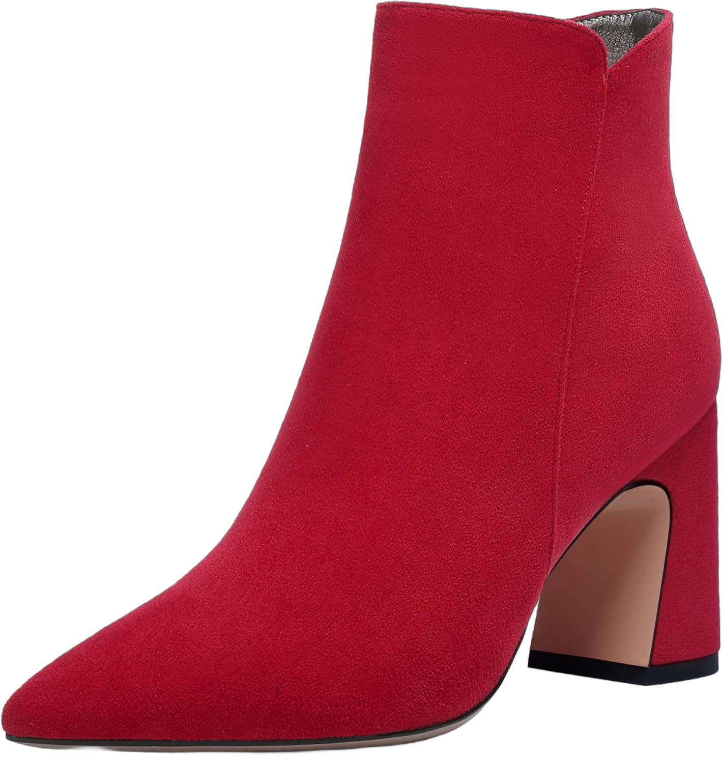 WAYDERNS Womens Suede Solid Zip Pointed Toe All Weather Dating Chunky High Heel Ankle High Boots 3.3 Inch 11.5 Red