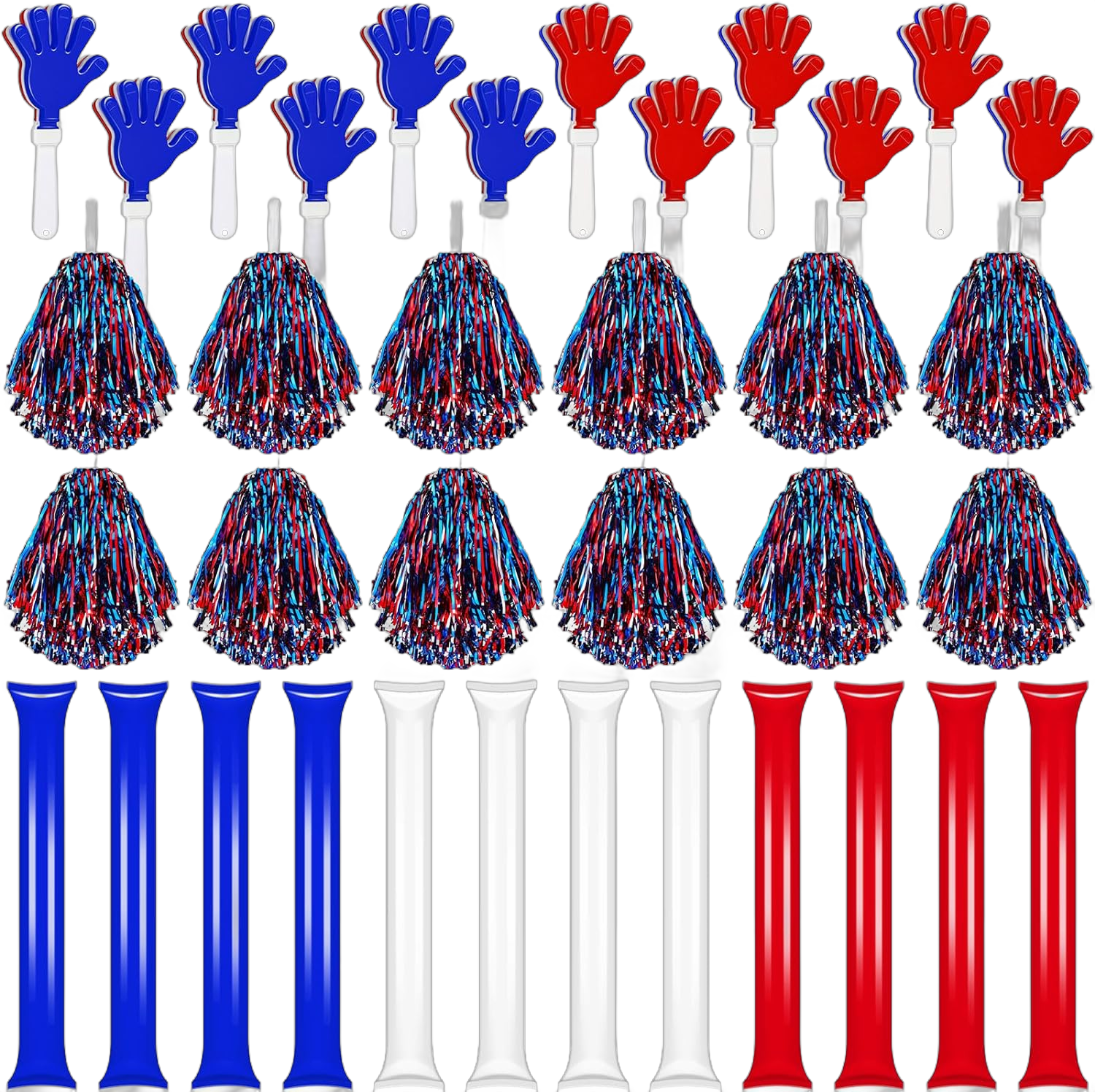 Sosation 36 Pcs Team Spirit Accessories, Cheerleading Pom Poms Hand Clappers Party Favors and Thunder Sticks Noise Makers for Sporting Events Football Baseball Cheering Essentials Red Blue White