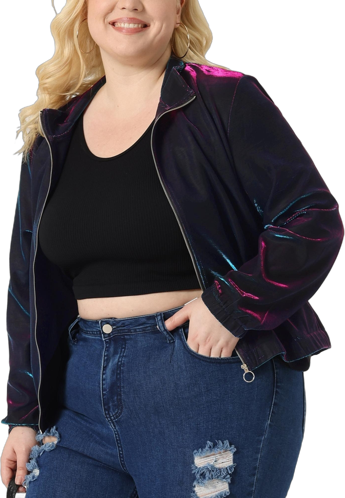 Agnes Orinda Women's Plus Size Metallic Holographic Reflective Long Sleeve Zip Up Clubwear Party Jacket Blue Purple 1X