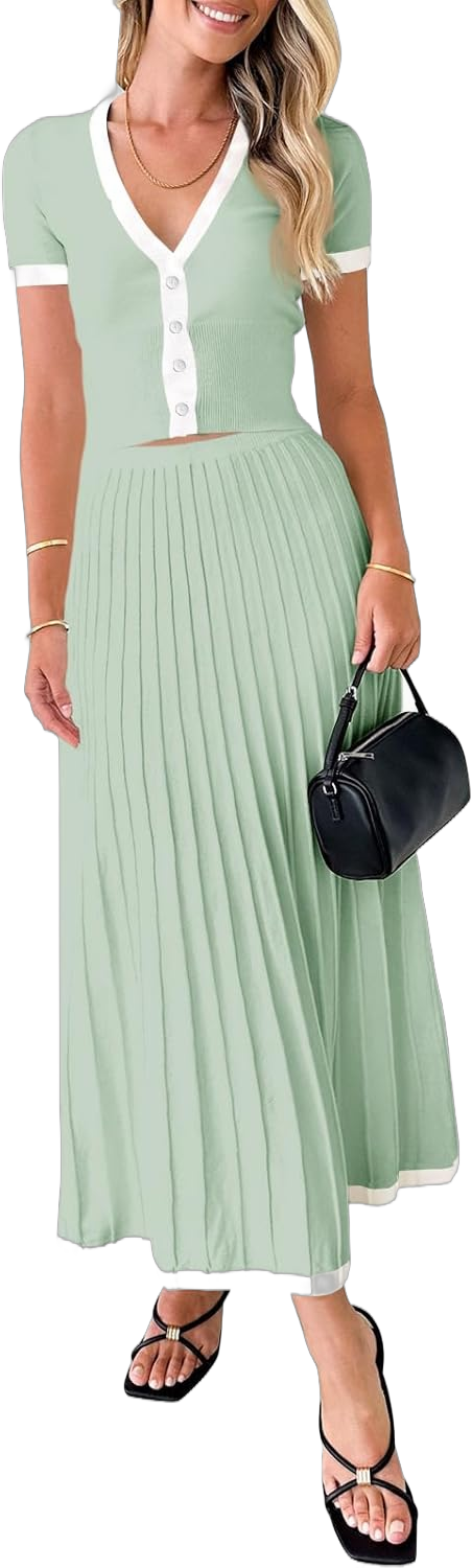 Imily Bela Womens 2 Piece Sweater Outfits Sets Short Sleeve V Neck Crop Top Knit Midi Long Pleated Skirt Dresses Light Green Large