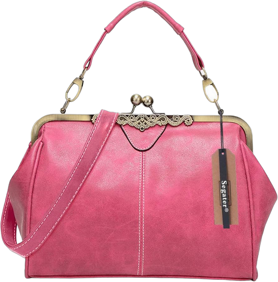 Women Vintage Small Retro Handbags Kiss Lock Crossbody Purse Frosted Leather Messenger Bag Tote Pink