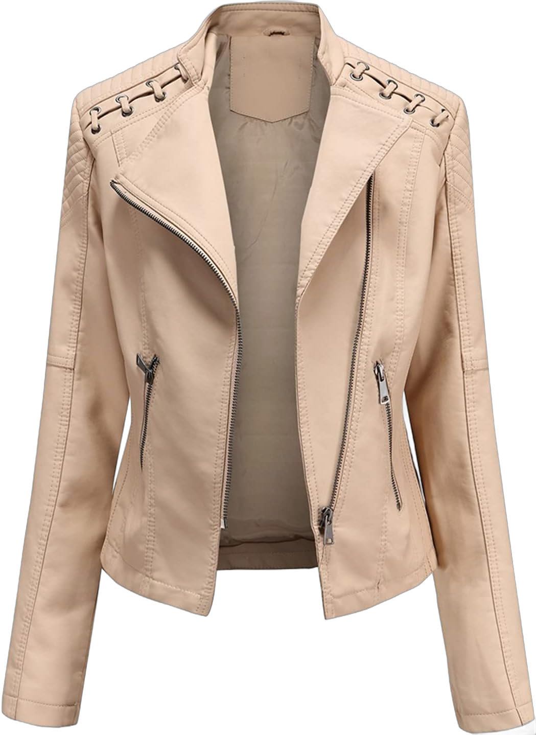 WSLCN Womens Faux Leather Zip Up Motorcycle Biker Jacket Slim Fit Short Coat Medium Beige