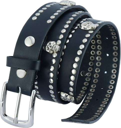 BLT2018 Black Leather Belt with Silver Studs and Skulls