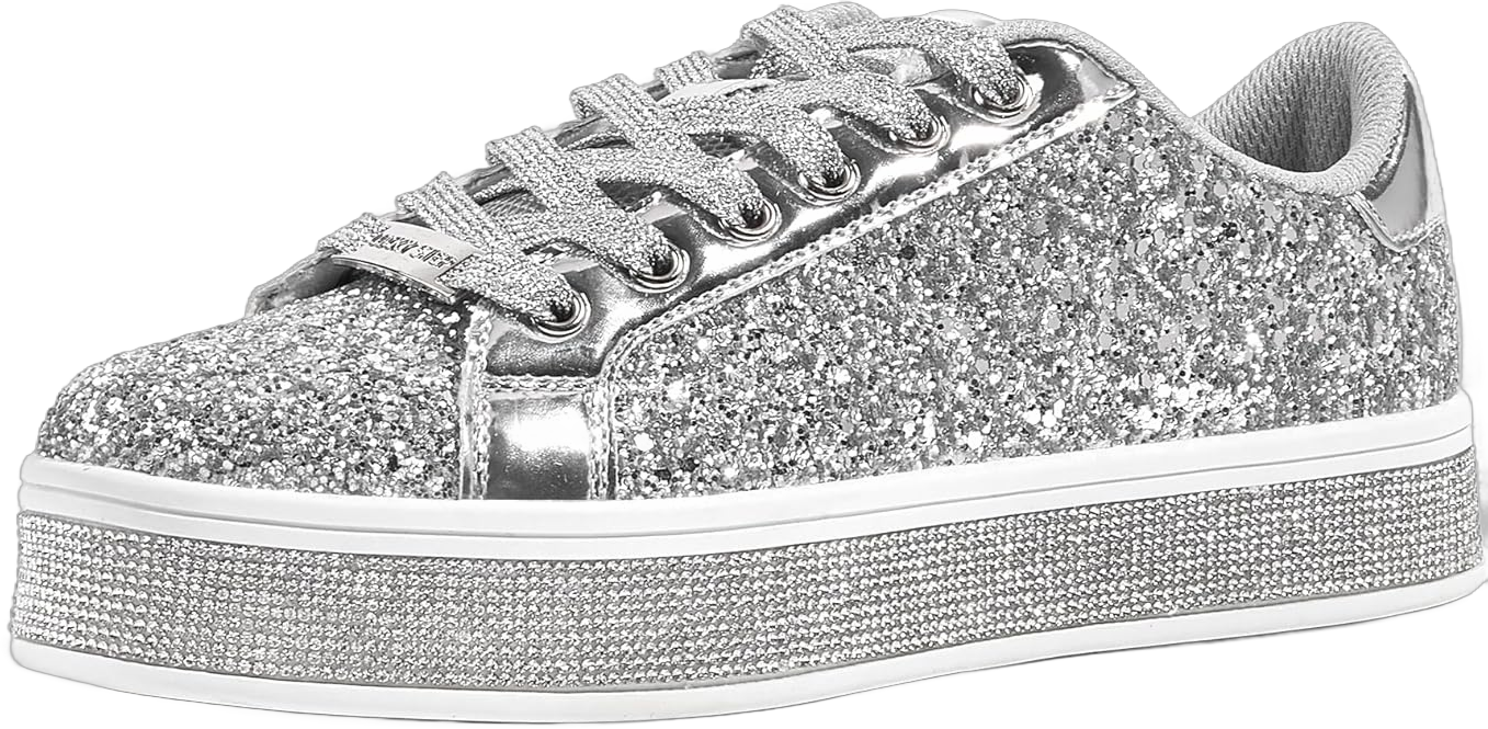 LUCKY STEP Women's Platform Glitter Sneakers | Sparkly Bling Shiny Dressy Bedazzled Wedding Bridal Fashion Walking Shoes 11 Silver