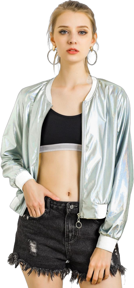 Allegra K Women's Holographic Fashion Stand Collar Metallic Lightweight Zip Bomber Jacket Light Silver Medium