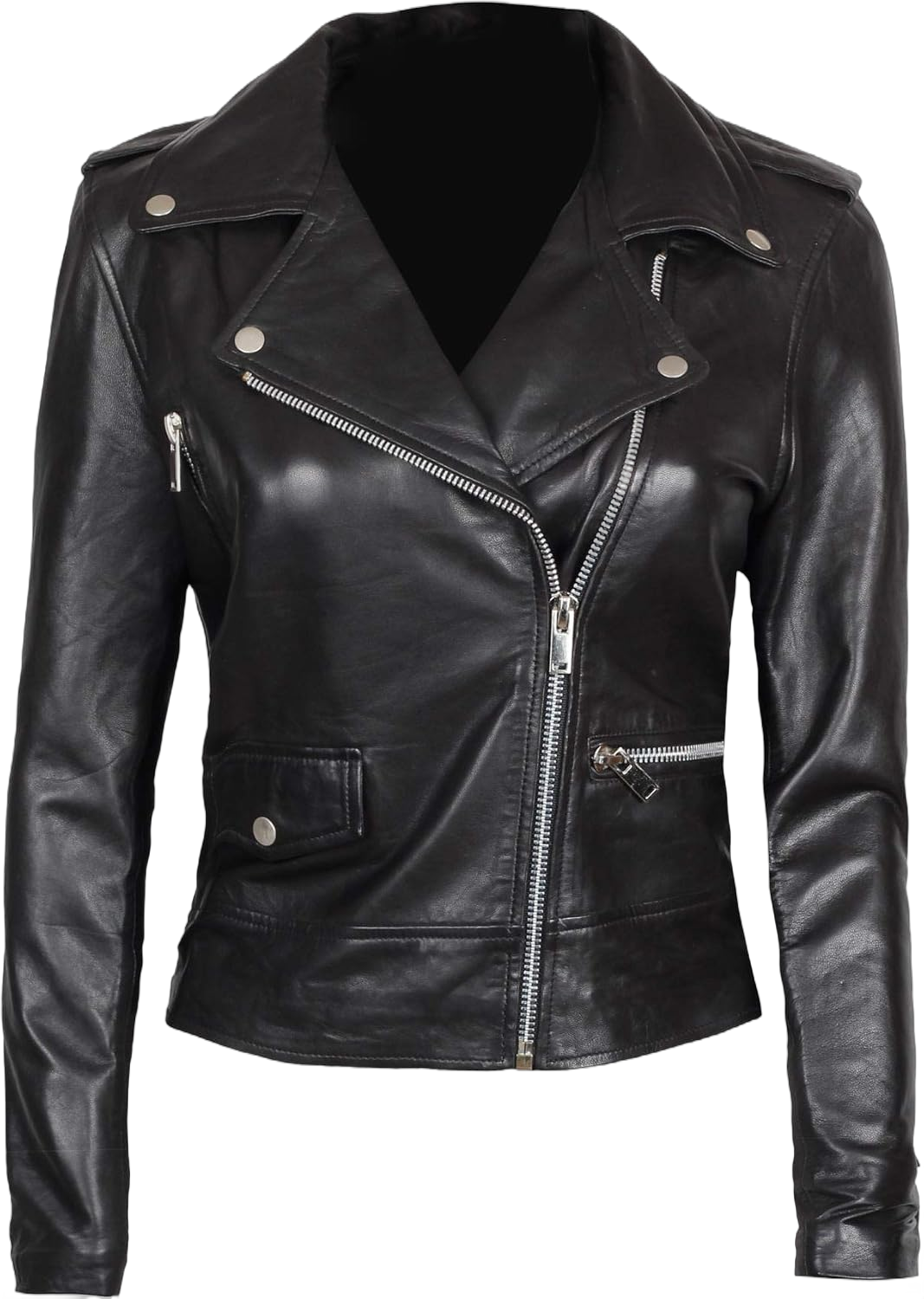 Decrum Leather Jacket Women – Trendy Fashion Asymmetrical Leather Jackets for Women Medium Amber - Black Leather Jacket