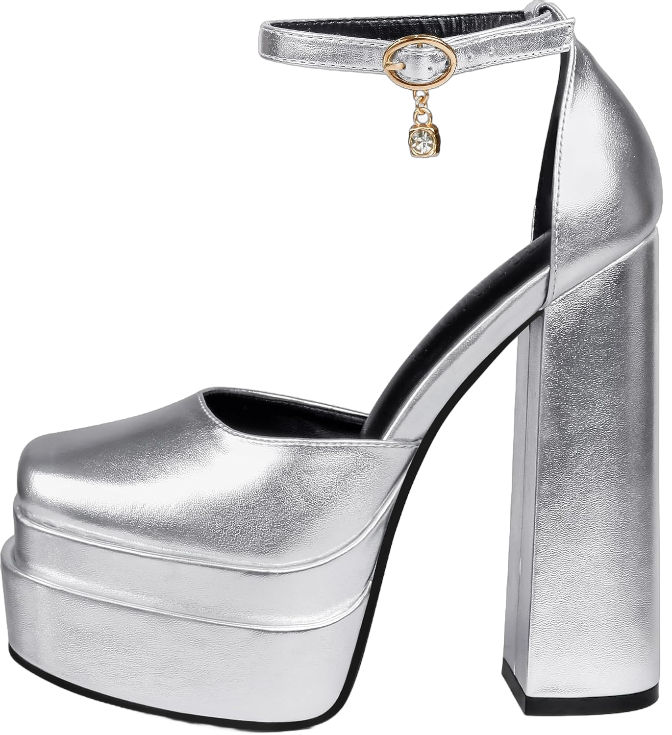 MERUMOTE Womens Sexy High Heels Platforms Pumps Square Toe Chunky Block Heels Rhinestone Party Shoes 9.5 Silver Matte