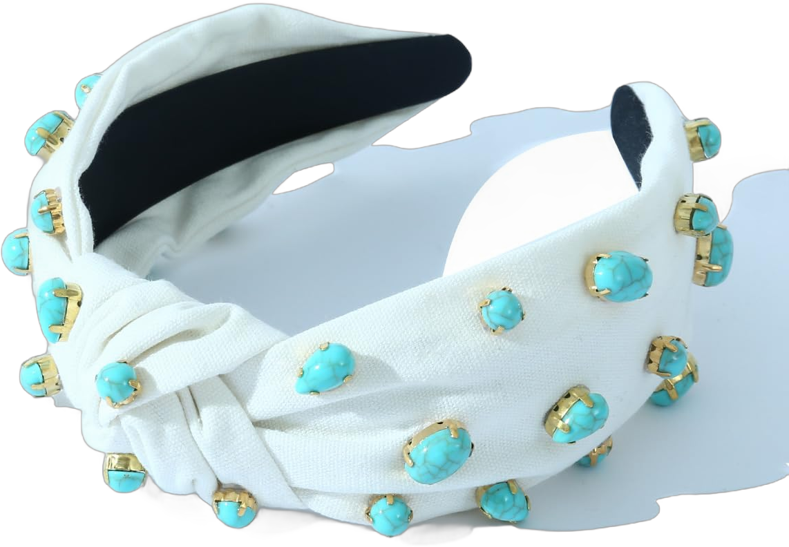 Rhinestone Crystal Turquoise Jeweled Wide Headbands Fashion Vintage White Teal Hairband Knot Turban Hair Accessories for Women Girls white