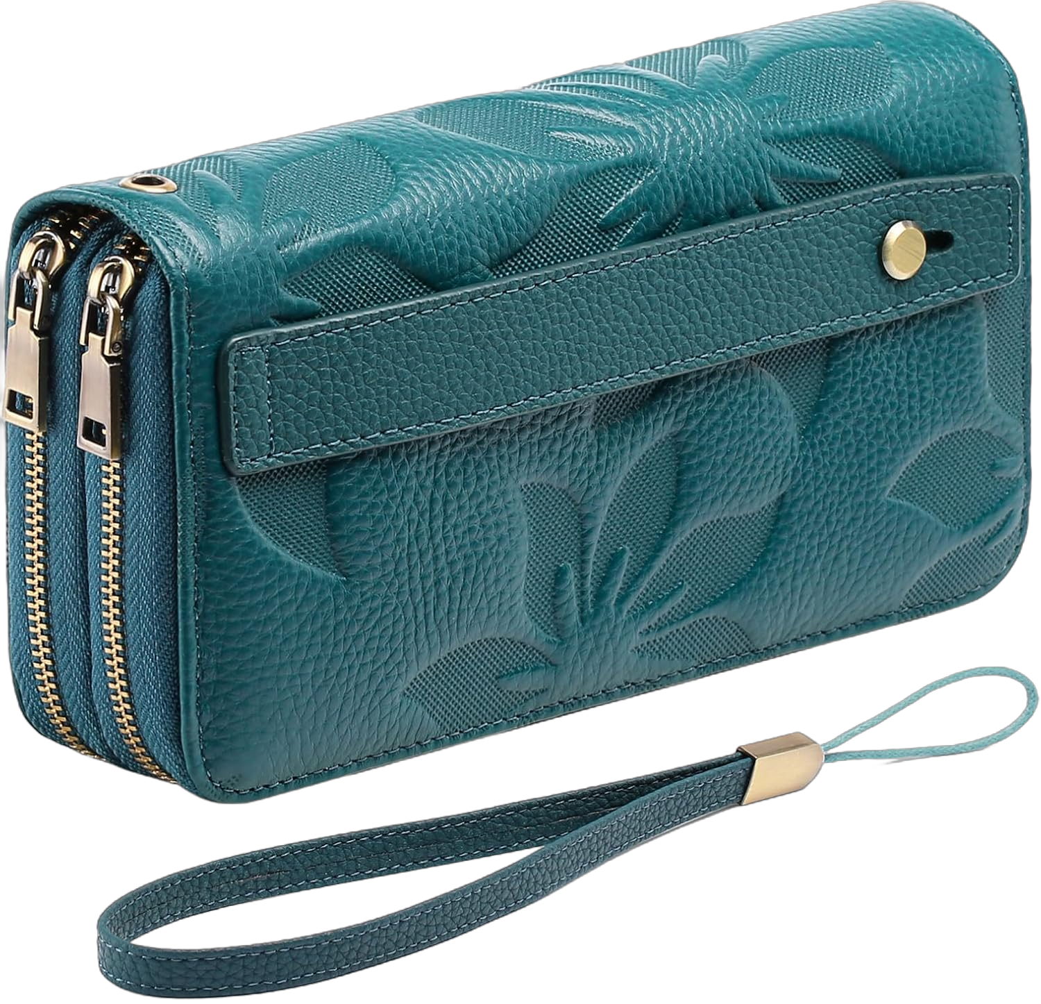 GAEKEAO Wallet for Women Clutch RFID Blocking Leather Wristlet Purse Large Capacity Credit Card Holder with Grip Hand Strap A21 Embossed Aqua Blue