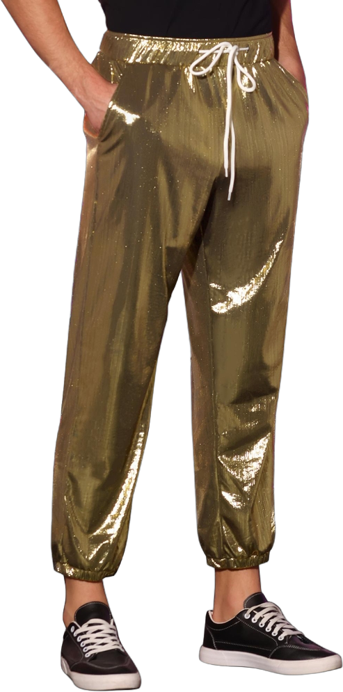 Lars Amadeus Men's Halloween Shiny Metallic Drawstring Waist Party Disco Sparkle Joggers Pants Golden 36