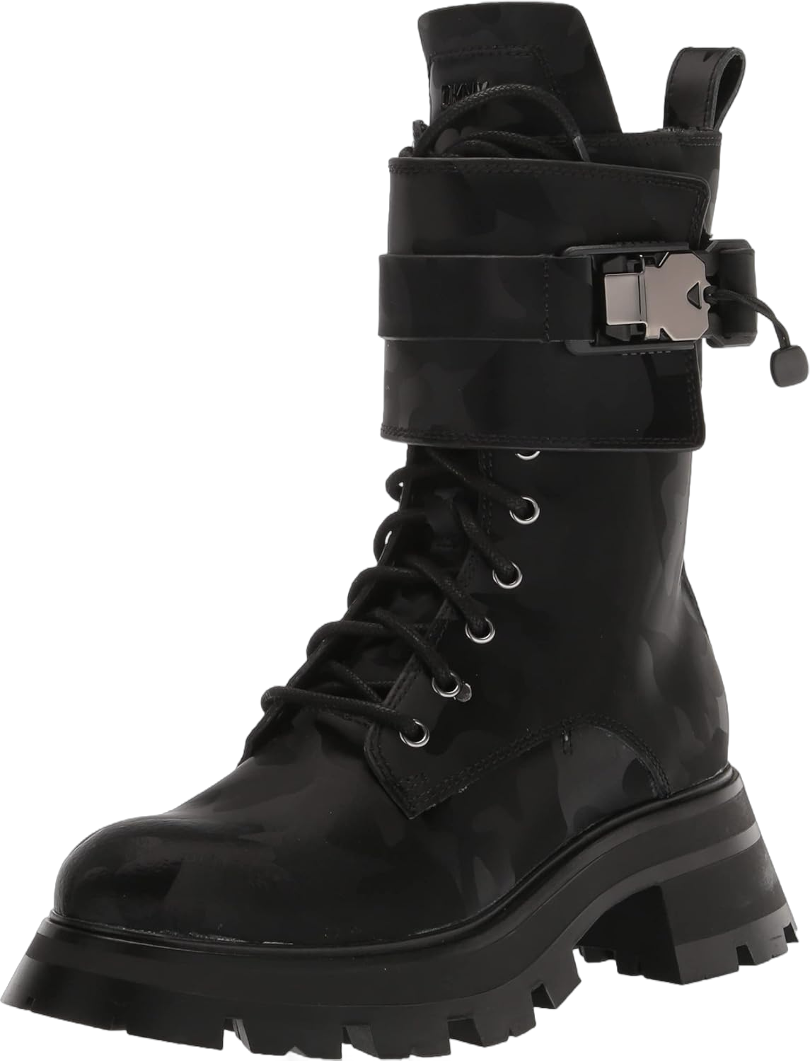 DKNY Women's Sava Lace Up Buckled Combat Boot Fashion 6 Deep Black