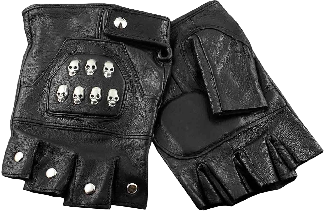 vogueteen Mens Punk Biker Skulls Studded Fingerless Real Leather Gloves, Black, One Size