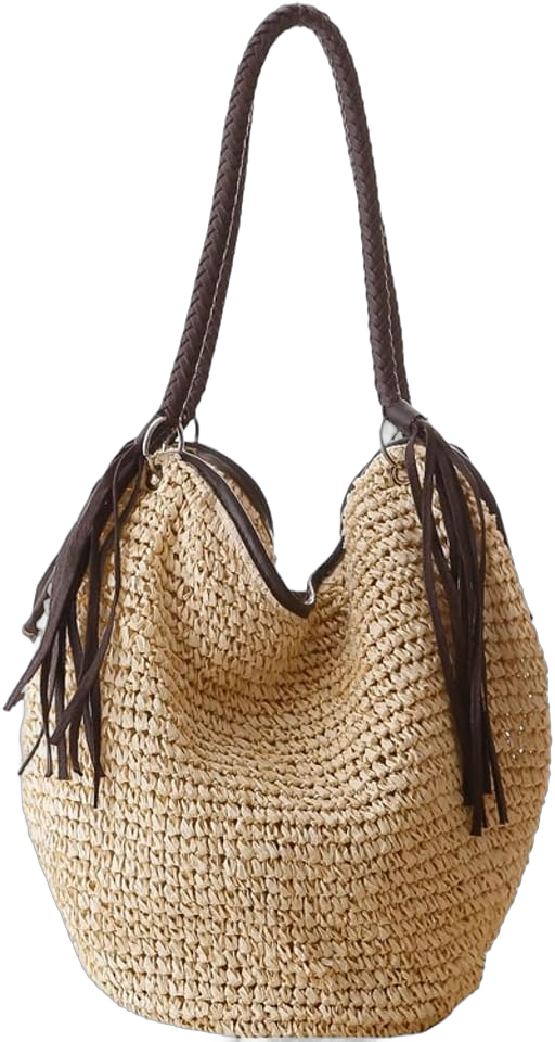 Womens Casual Straw Handbags Woven Shoulder Bag Large Hobo Bucket Tote Bag Summer Beach Top Handle Purse with Tassels, Beige