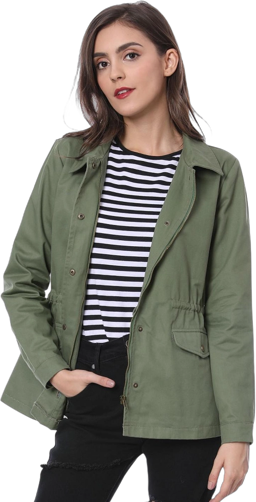 Allegra K Women's Drawstring Waist Flap Pockets Lightweight Utility Jacket Green Large