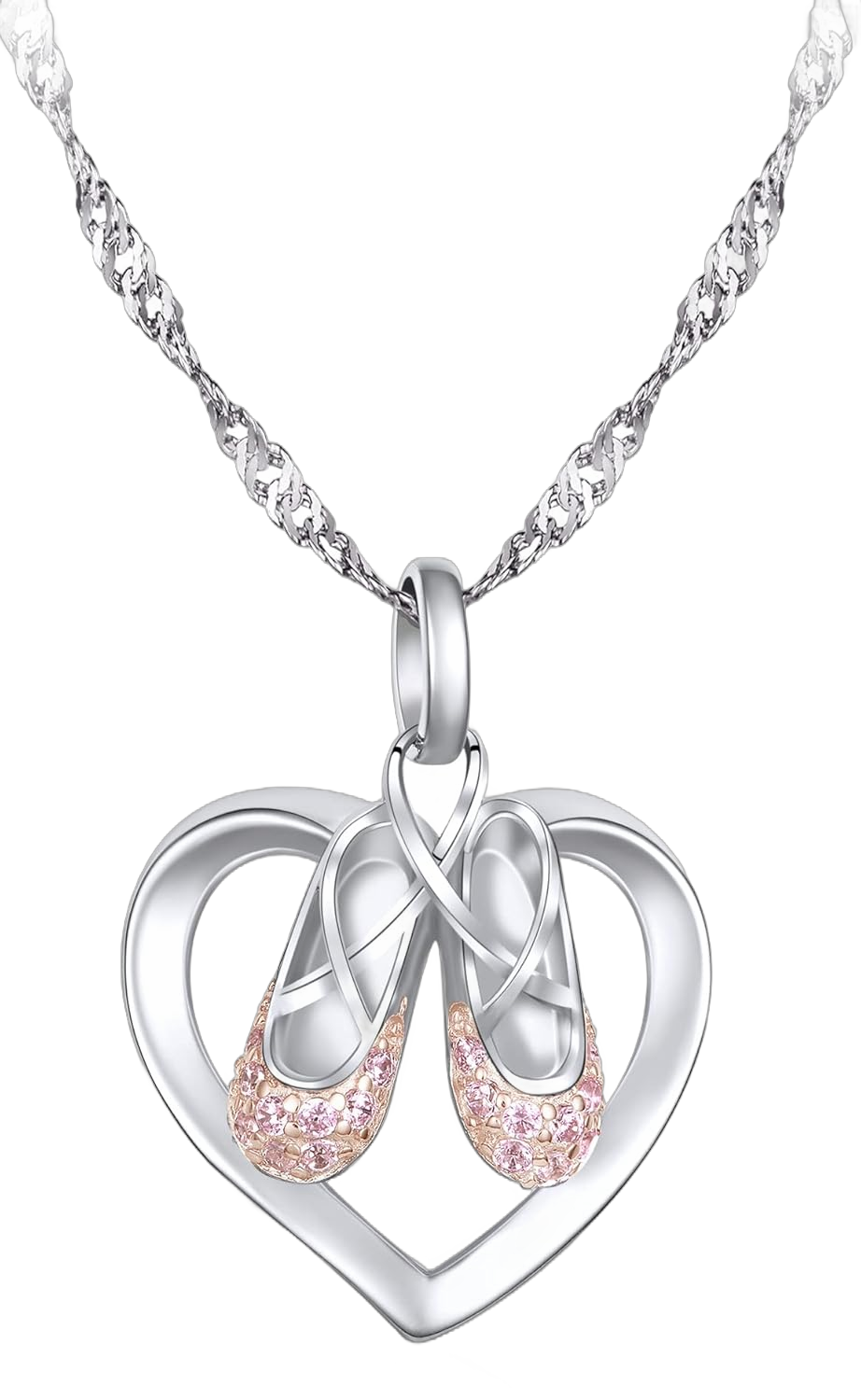 925 Sterling Silver Christmas Gifts for Women Ballerina Necklace Pendant Jewelry Heart Necklace Cubic Zirconia Ballet Slippers Shoes Necklace for Women Teen Little Girl & Dancer 18"