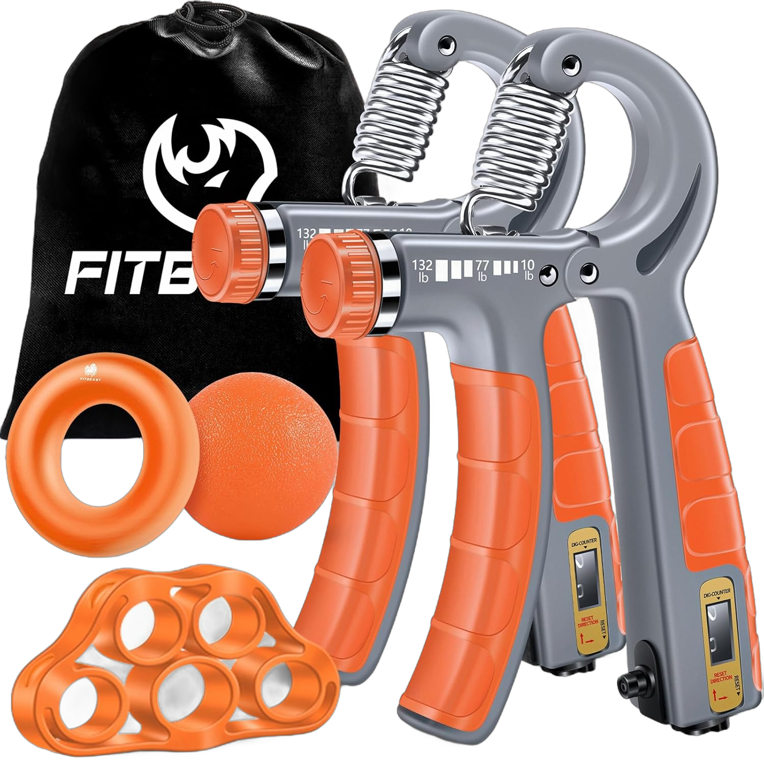 FitBeast Hand Grip Strengthener Workout Kit (5 Pack), 2 Forearm Grip Adjustable Resistance Hand Gripper, Finger Stretcher, Grip Ring & Stress Relief Grip Ball for Athletes Orange