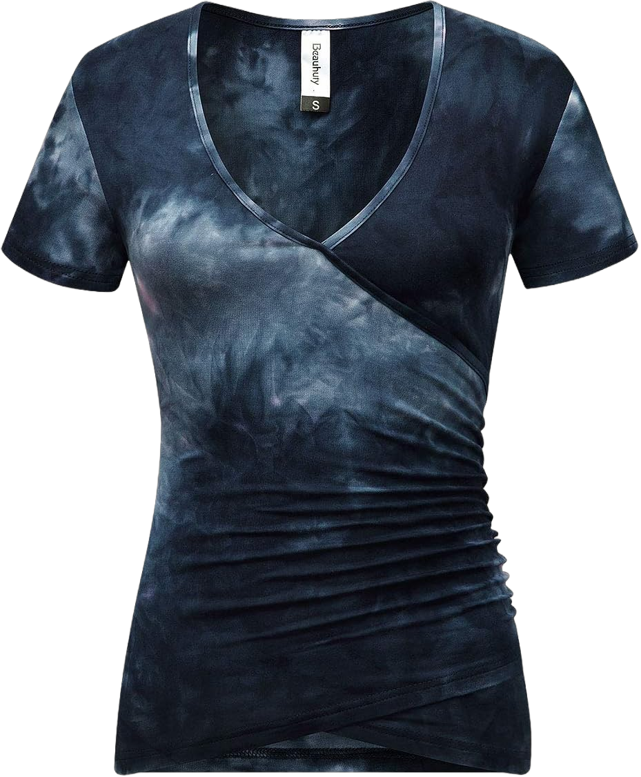 Beauhuty Women's Deep V Neck Short Sleeve Front Wrap Ruched Sexy Slim Fit Tops Medium-Large Short-tie Dyed Royal Blue