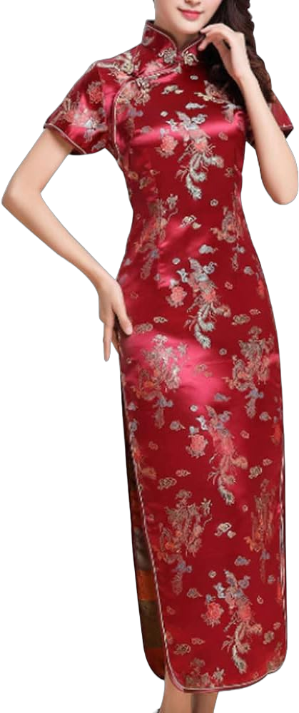 Women Cheongsam Long Dress Evening Short Sleeve Slim Fit Maxi Dress Floral Faux Silk Stand Collar Bodycon Qipao XX-Large Wine Red