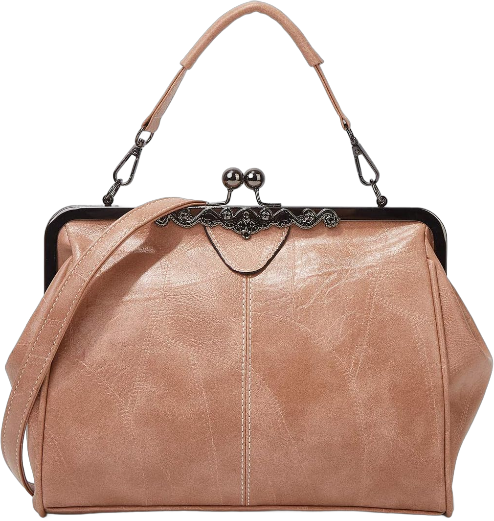 Women Retro Hollow Oil Wax PU Leather Handbag Multiple Collocations Handbags Kiss Lock Messenger Bag Apricot