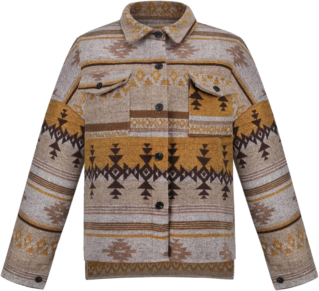 COWOKA Women's Vintage Aztec Print Pattern Loose Shacket Button Down Long Sleeve Woolen Jacket Shirts Coat XX-Large Khaki