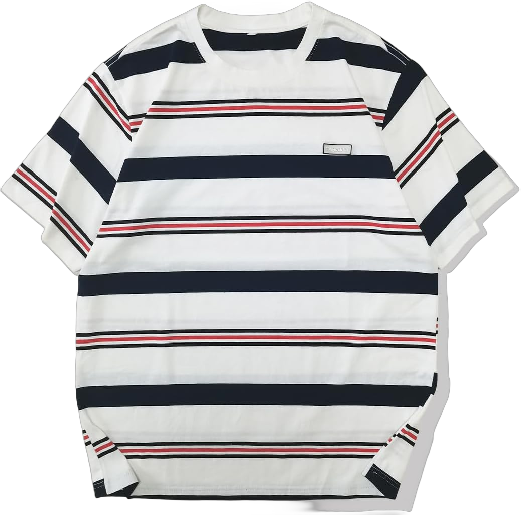 Men's Crew Neck Stripe T-Shirt Loose Short Sleeved Cotton T-Shirt X-Large White, Blue, and Red Stripes