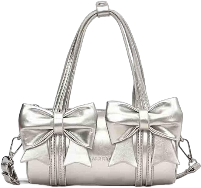 Women's Sweet Bow Knot Cylinder Bag, PU Leather Bow Decor Glossy Shoulder Purse, Top Handle Tote Underarm Clutch For Ladies Silver Small