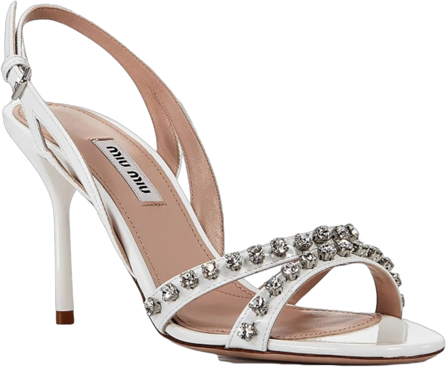 MIU MIU Womens Bianco White Jewel Embellished Calzature Donna Open Toe Stiletto Buckle Leather Dress Slingback Sandal 38