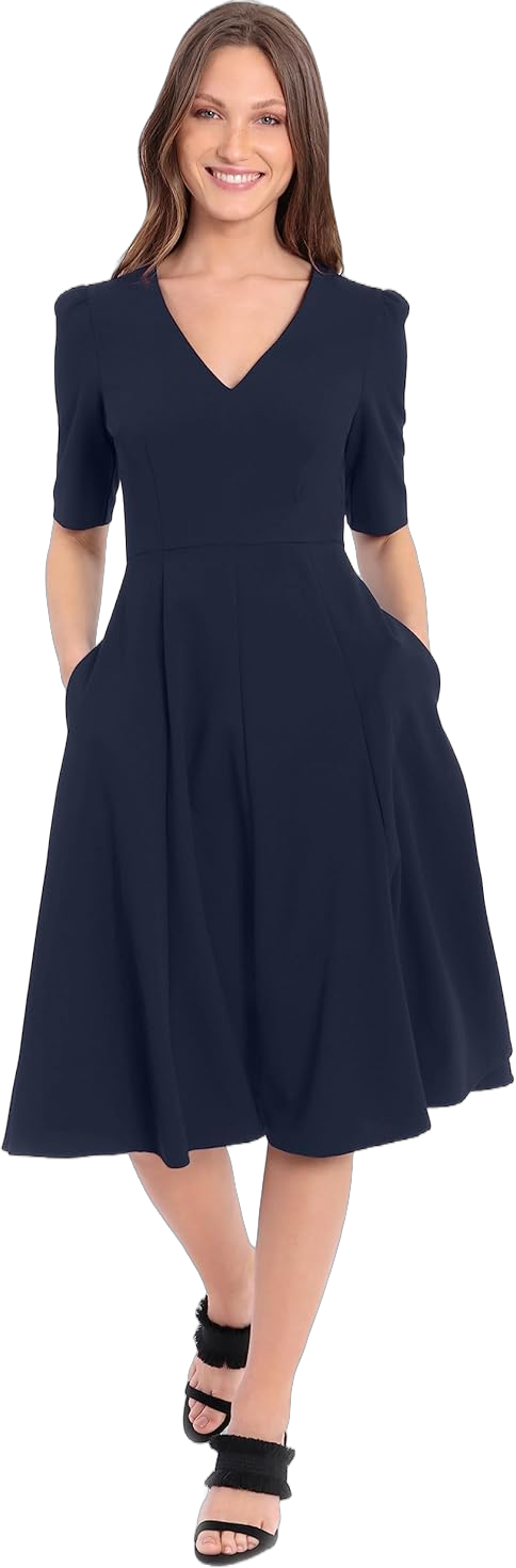 Donna Morgan Women's Stretch Crepe Elbow Sleeve V-Neck Fit and Flare Midi Dress 2 Twilight Navy