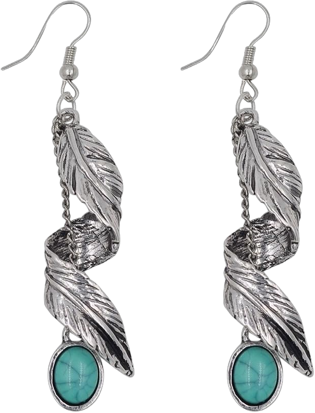 Women Bohemia Tribal Antique Silver Leave Dangle Earrings Vintage Feather Turquoise Bead Drop Earrings Nickel Free