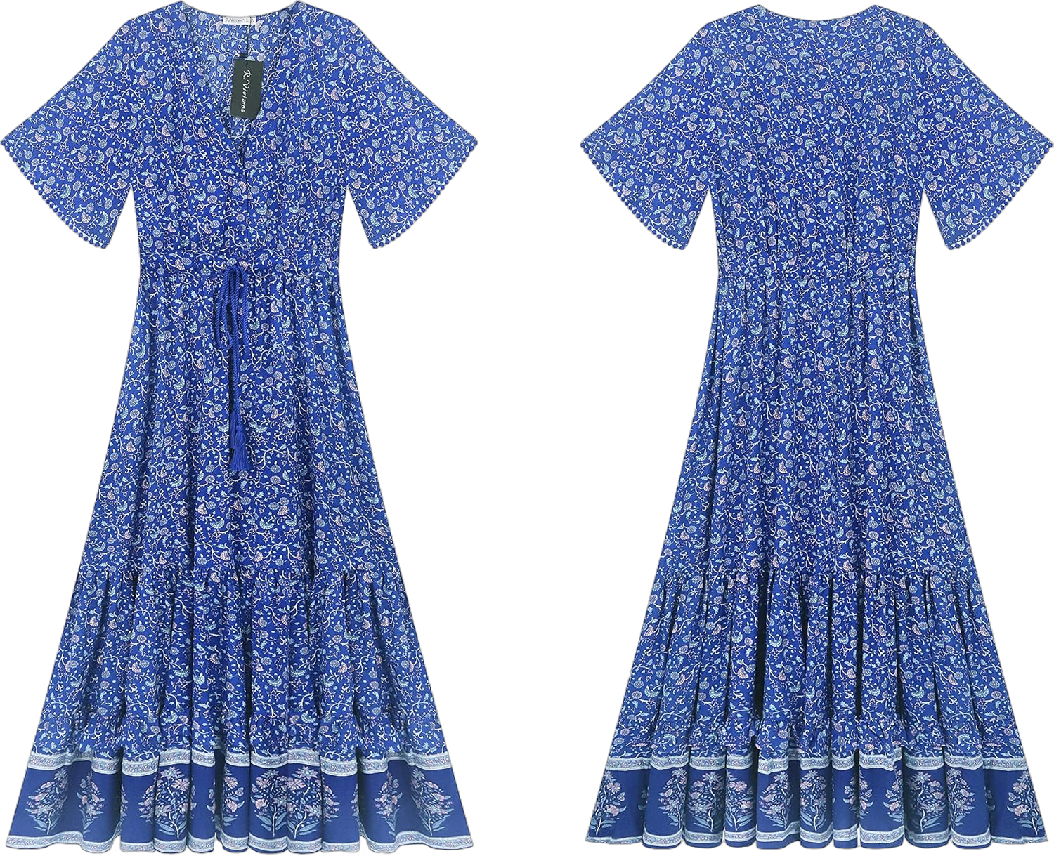 R.Vivimos Womens Summer Cotton Short Sleeve V Neck Floral Print Casual Bohemian Midi Dresses Medium Blue