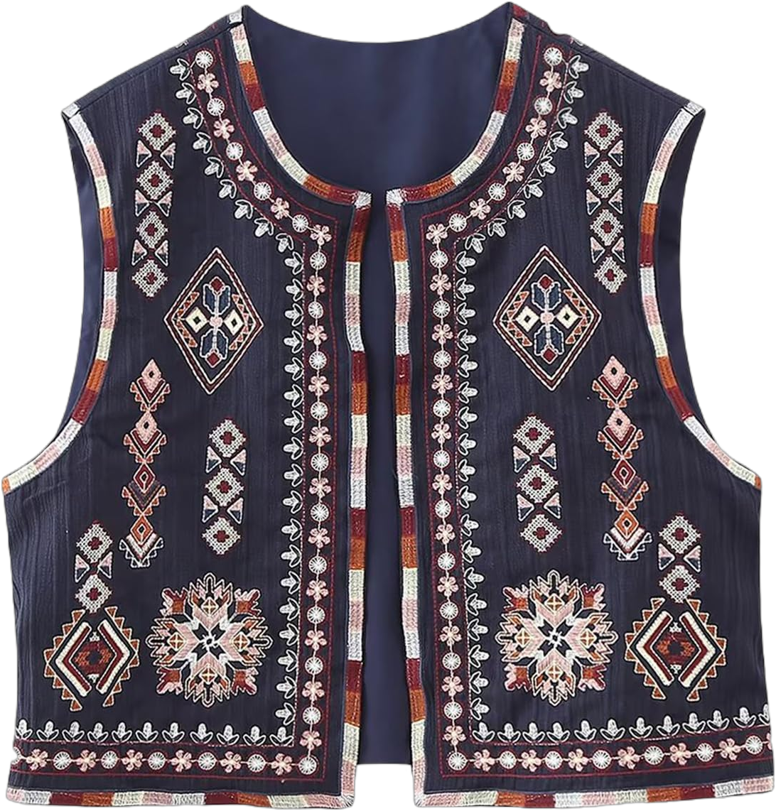 Owl's-Yard Women Vintage Floral Embroidery Vest Y2k Sleeveless Round Neck Open Front Crop Waistcoat Casual Fashion Cardigan Medium Navy Blue