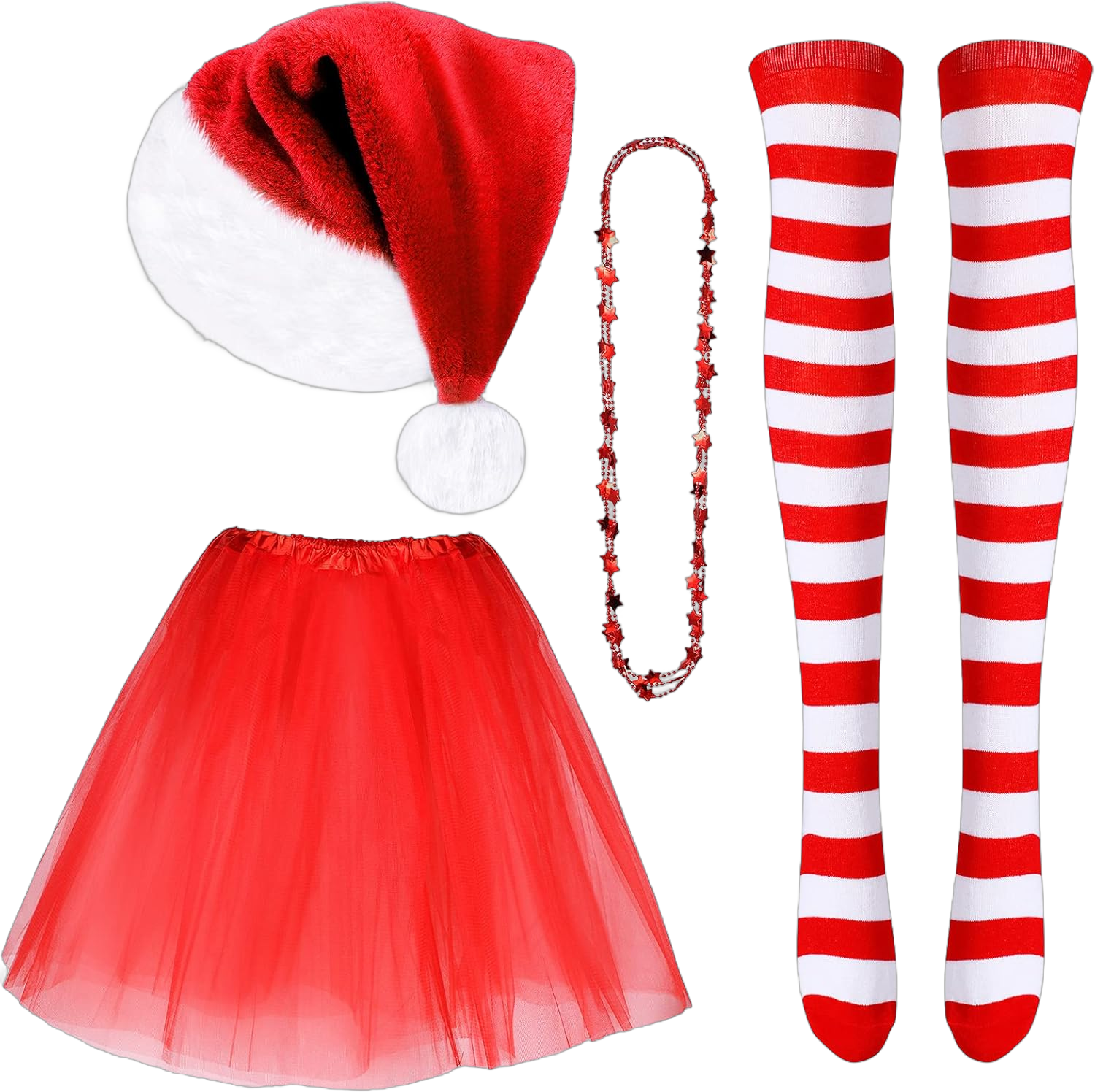 Geyoga 4 Pack Women Christmas Costume Set Christmas Santa Hat Tutu Skirt Striped Tights for Christmas Holiday Party Red