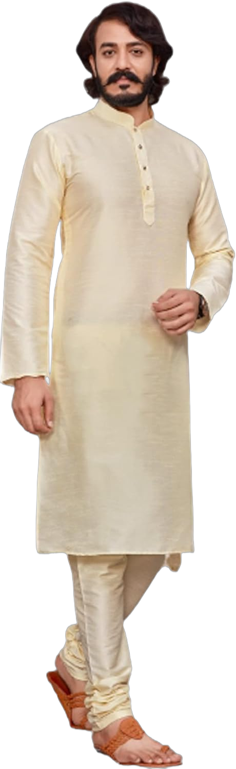 Indian Men's Regular Fit Banarasi Silk Collar Style Plain Kurta Pajama Set festival Puja Sherwani 2460 (cream, lxl)