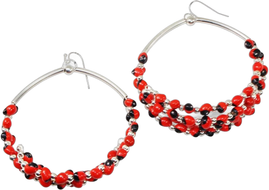 Silver Handmade Ethnic Red/Black Chandelier Hoop Earrings for Women w/Natural Red Seed Beads - Symbol of Prosperity, Love & Happiness - Great Gifts for Mom, Daughter, Aunt, Sister, Girlfriend 2.5" Red / Black Chandelier Seeds