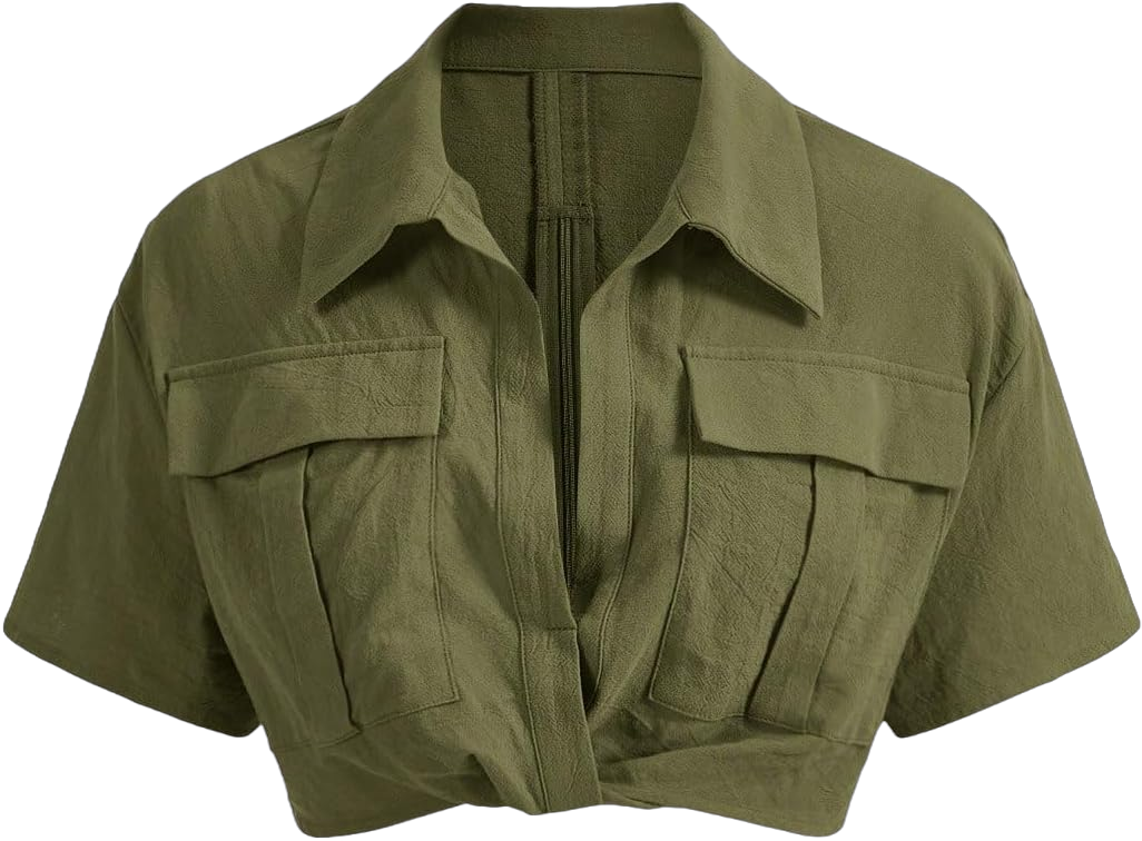 Verdusa Women's Short Sleeve Collar Neck Flap Pocket Twist Front Crop Top Shirts X-Small Army Green