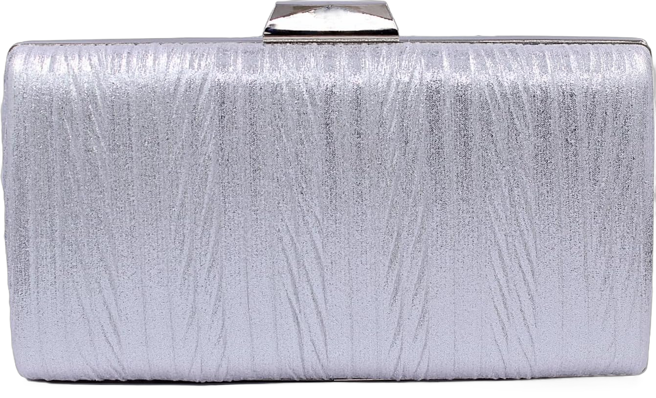 Aovtero Evening Bag Clutch Purses Women Wedding Formal Party Bridal Handbag Pleated Sparkling with Chain Silver