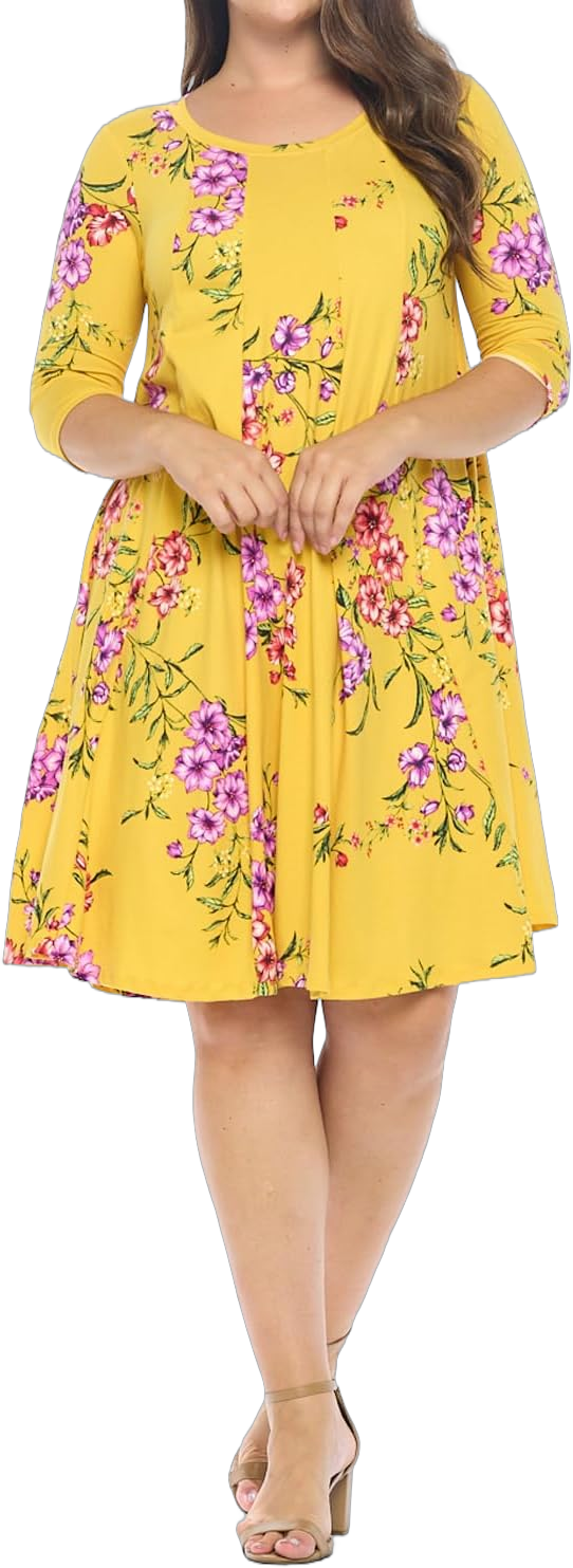 Pastel by Vivienne Women's A-Line Swing Midi Dress Plus Size Casual Curvy Formal 3X-Large Plus Floral Mustard