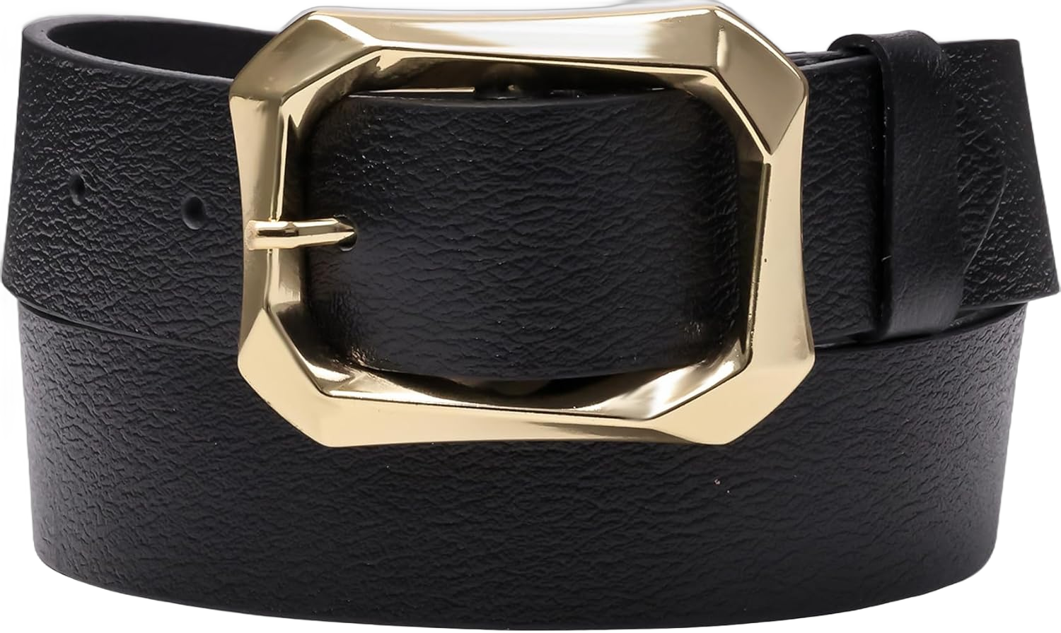 Women's Leather Belt Gold Buckle Waist Belt for Jeans in Navy Blue, Dark Brown, and Black Colors. Wide Straight Design, 1.45" Black Fit waist size 41" - 43"